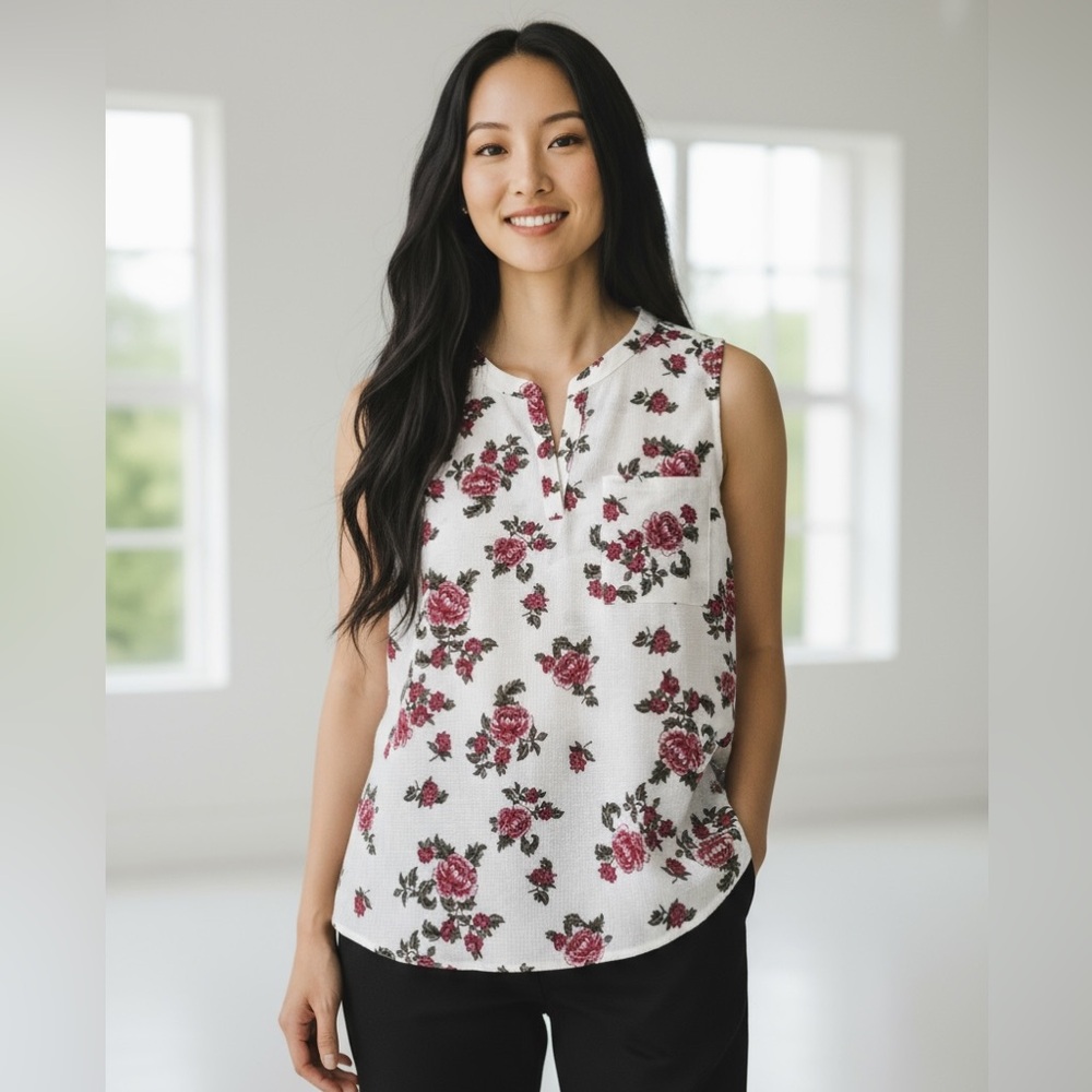Caslon XL  White and Red Floral Women's Blouse Top Tank Polyester